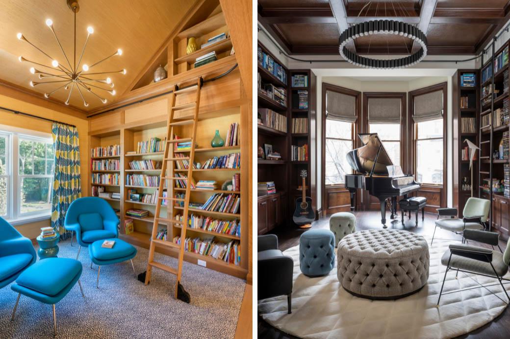 Interior view of music room and library with piano, interior view of modern library